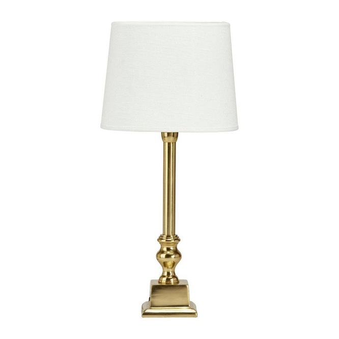 Złota lampa stołowa Linne z białym abażurem
